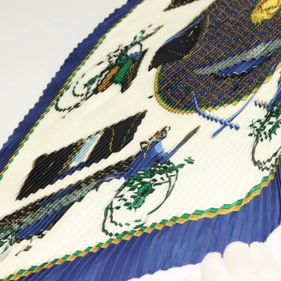HERMES Pleated Scarf ""LES VOITURES A TRANSFORMATION"" Silk Blue Auth - Picture 4 of 16